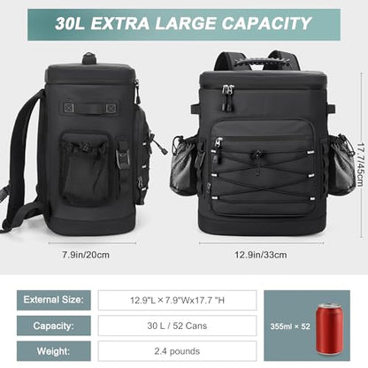 Large 52cans Cooler Backpack, Insulated, Waterproof, Leak Proof, 30L Large Capacity - color: Black, Black Zipper