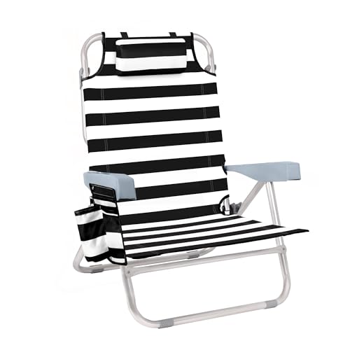 Backpack Beach Chair for Adults – 5 Position Reclining Low Beach Chair with Cooler, Cup Holder & Towel Bar, Lightweight Folding Beach Chair Backpack, Portable Lay Flat Beach Lounger – Black Stripe - color: Black Stripe