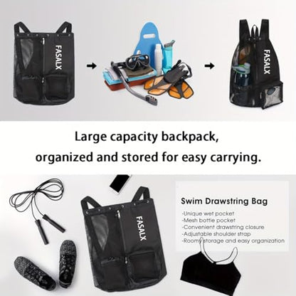3-in-1 Swim Beach Gym Gear Set.Mesh Drawstring Backpack + Microfiber Beach Towel + Waterproof Phone Pouch, for Swimming, Gym - color: Black