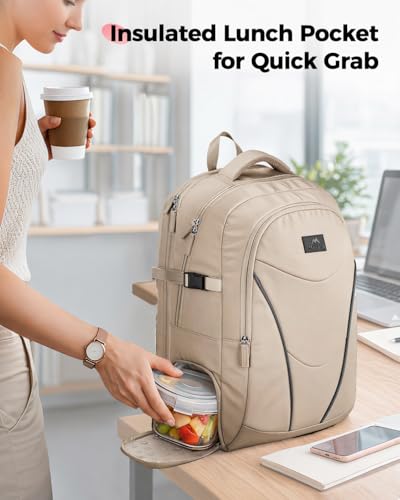 MATEIN HER Work Laptop Backpack for Women with Lunch Box Compartment, Khaki | Meal Prep Bag, Water Resistant, with Water Bottle Holder, 17.3'' Notebook, Teacher Nurse Lunchbox Backpack for Travel Commute - color: Khaki