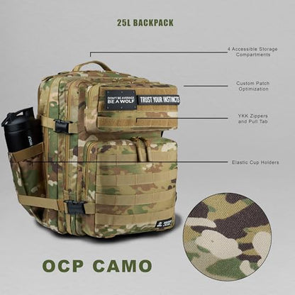WOLFpak 25L Athletic Gym Backpack (OCP Camo) Durable 1000D Waterproof Oxford Material w/MOLLE Webbing, Laptop Pocket & Dual Cup Holders, Durable Fitness/Travel/Military Daypack - color: Ocp Camo