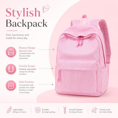 BTOOP School Backpacks for Teen Girls Bookbags Lightweight Kids Backpack School Bags Set with Lunch Box Pencil Case - color: Pink White Stripe