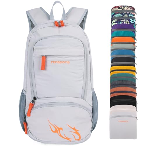 FENGDONG 35L Lightweight Foldable Waterproof Packable Travel Small Hiking Backpack Daypack for men women - color: Gray Orange