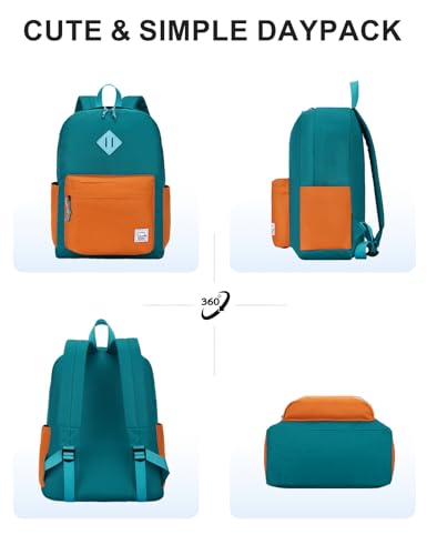 VASCHY Lightweight Backpack for School, Water Resistant Classic Bookbag with Side Pockets for Boys,Girls Kids,Teens Lake Green Tangerine - color: Lake Green & Tangerine