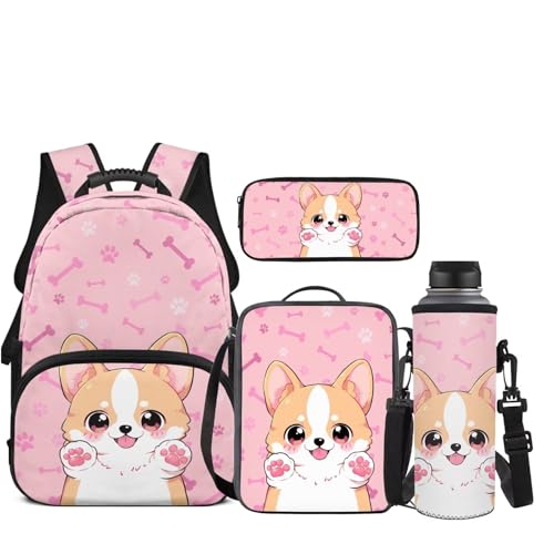 JEOCODY Cute Corgi Dog Backpack for Girls Kids School Bag with Lunch Bag Pencil Case Water Bottle Holder 4PCS Sunflower Horse Daypack for Travel Hiking Back to School Accessories - color: Cute Corgi Dog Printed
