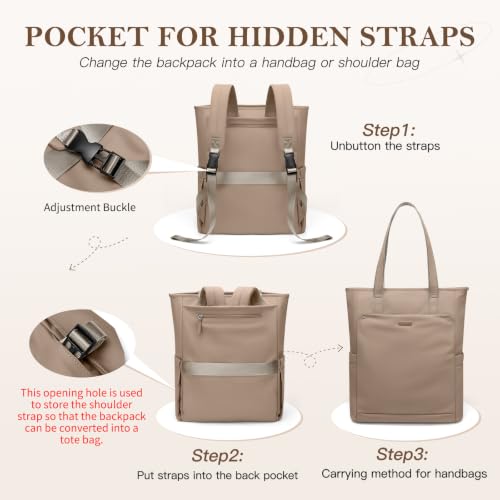 Convertible Laptop Backpack for Women Men Carry on Tote Backpack Teacher Bookbag for College Work Nurse Travel Leisure,16 Inch,Champagne Brown - color: Champagne Brown