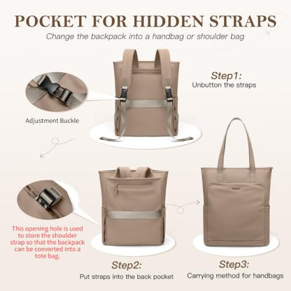 Convertible Laptop Backpack for Women Men Carry on Tote Backpack Teacher Bookbag for College Work Nurse Travel Leisure,16 Inch,Champagne Brown - color: Champagne Brown