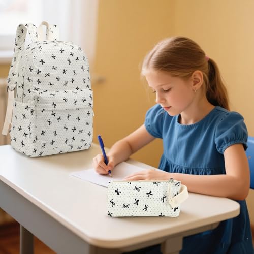 LEDAOU Kids Backpack for Girls Backpacks with Lunch Box, Lightweight Bookbag Set Elementary Middle School Back pack for 8-14 - color: Beige Bow