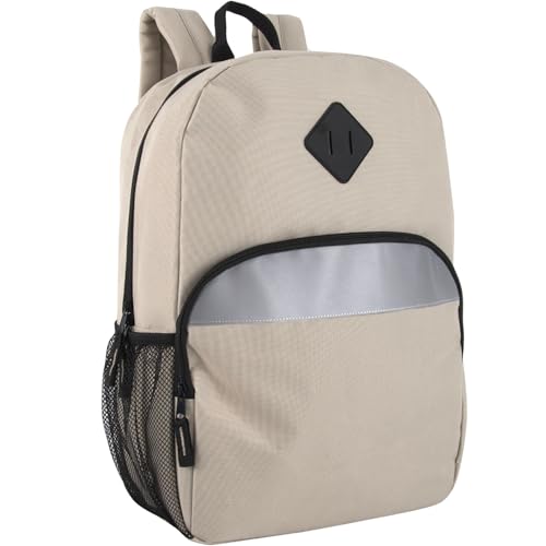 Trail maker 17" Backpack – Reflective School Backpack with Padded Straps, Water Bottle Pockets for Kids & Adults, School Travel Camp (Khaki) - color: Khaki