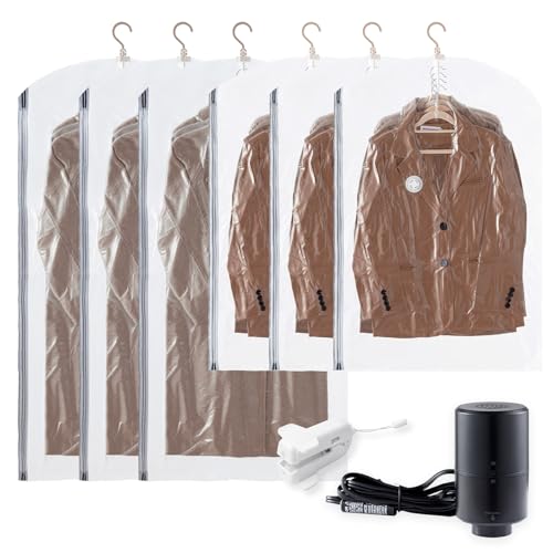 TAILI Hanging Vacuum Sealer Suction Space Saver Storage Bags for Clothes Travel with Electric Air Pump And Rolling Slide Clip for Coats, Closet Organizers, 3 Long 3 Short - color: Transparent, size: 6 Combo