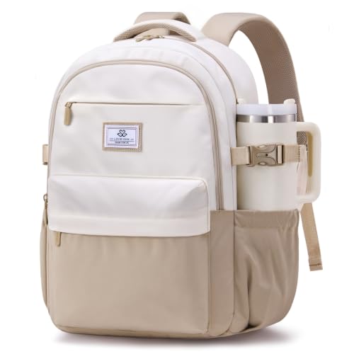 LOVEVOOK Laptop Backpack for Women Teens,College School Backpack with Tumbler Holder,15.6" Computer Bag,14 Pockets,Waterproof - color: Khaki/Cream, size: 17.3inch