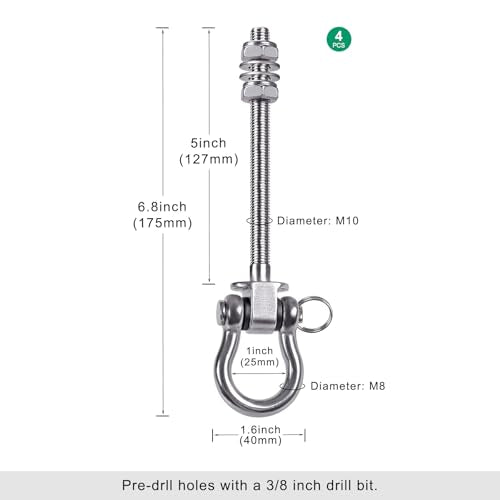 SELEWARE Heavy Duty Bearing Swing Hangers, 4 Pack Stainless Steel Swing Set Hooks for Wood and Steel Beam, for Hammock, Yoga Swing, Porch Swing, Heavy Bag, 5" x M2/5", 1500LB Capacity - color: 4 Pack Bearing Hangers (5" X M2/5" Threaded Rod)