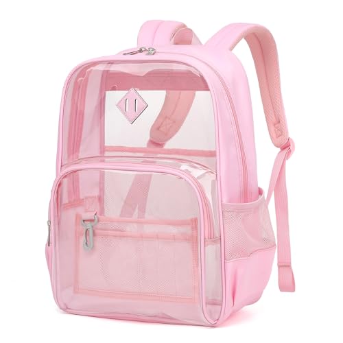 MUSEVOS Clear Backpack, Heavy Duty Bookbag for School, 2-in-1 Design Transparent PVC & Oxford Fabric, for Girls and Women. Pink - color: Pink