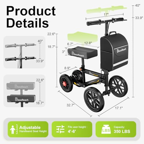BlessReach Deluxe Medical Scooter Double Handbrake, All Terrain Steerable Knee Scooter Crutch Alternative, for Adults Injured Ankle & Foot Recovery in Blacks - color: Blacks