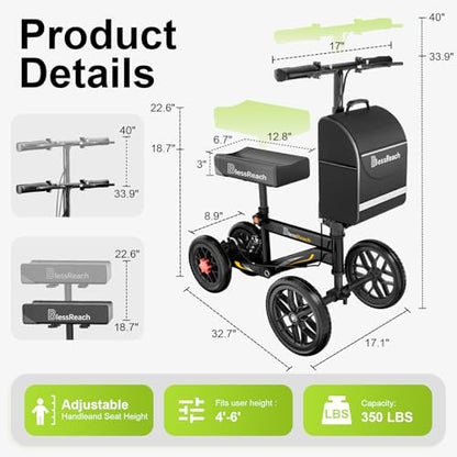 BlessReach Deluxe Medical Scooter Double Handbrake, All Terrain Steerable Knee Scooter Crutch Alternative, for Adults Injured Ankle & Foot Recovery in Blacks - color: Blacks