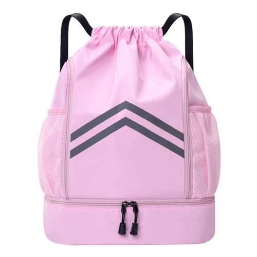 Sports Drawstring Backpack - Water Resistant Gym Bag with Shoes Compartment and Water Bottle Holder Pockets -Drawstring Bag String Cinch Bag for Gym, Travel, Swimming, Beach, Men Women (Pink) - color: Pink