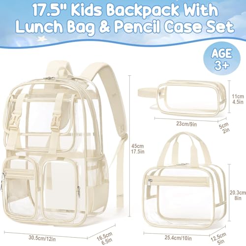Fimibuke Clear Backpack for Girls - 3 PCS Heavy Duty Kids Clear Bags Schoolbag Large Transparent PVC Bookbag with Lunch Box Pencil Case Set for Travel School Concert Stadium Events Backpacks - color: beige
