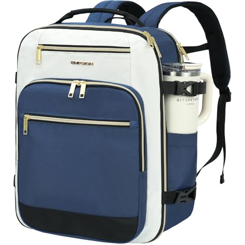 EMPSIGN 40L Travel Backpack for Women & Men, Airline Approved Carry On Backpack, TSA Personal Item Bag Waterproof, Overnight Weekender Essentials Backpacks for Business fits 17" Laptop, Haze Blue - color: Beige/Haze Blue/Black