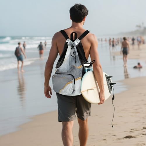 Drawstring Bags For Men Women Summer Camp Bag With Pockets String Back Bag Wet and Dry Separation Marble Gray White - color: Color 17