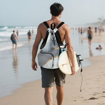 Drawstring Bags For Men Women Summer Camp Bag With Pockets String Back Bag Wet and Dry Separation Marble Gray White - color: Color 17