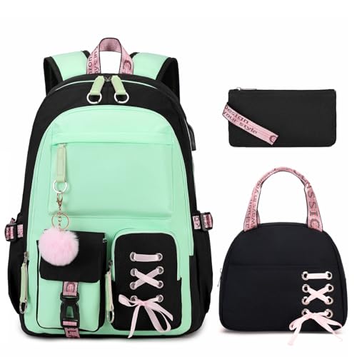 ACESAK Backpacks for Girls, Girls Backpack with Lunch Box and Pencil Case for Teen Kids Elementary Middle High School College Student, Children Backpack Bookbag with USB Charging Port (Black Green) - color: Black & Green
