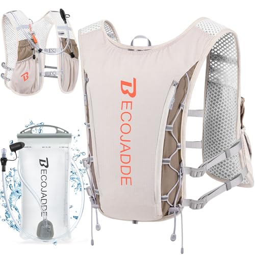 BECOJADDE Running Vest Hydration Backpack for Men Women, 5L Lightweight Running Backpack Hydration Pack for Marathon, Trail, Cycling, Hiking, Jogging - color: Khaki, size: 5l Running Vest With One 1.5l Water Bag