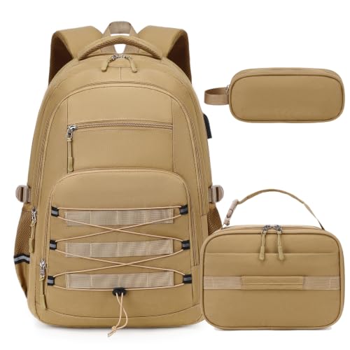 ACESAK Camo Backpack for Boys, Tactical Kids Backpack Boys, School Bags for Boy Children Teens Kids Elementary Middle High School, Military Bookbag and Lunch Bag Pencil Case Set with USB Charging Port - color: Khaki