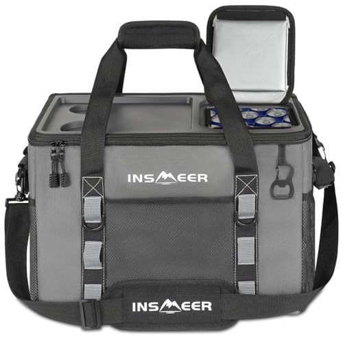 INSMEER Soft Cooler Bag with Hard Shell & 2 Cup Holders, Portable 40L/70 Cans Collapsible Cooler Bags Insulated with Leakproof for Travel, ice chests and Cooler Lunch Box for Beach Camping Picnic - color: Grey