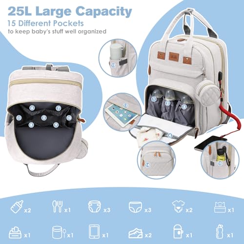JSTPRO Diaper Bag Backpack, Large Diaper Bag with Changing Station, New Mom Gifts, Lightweight Waterproof Unisex Diaper Bag with Insulated Pockets and USB Charging Port, Beige - color: Beige