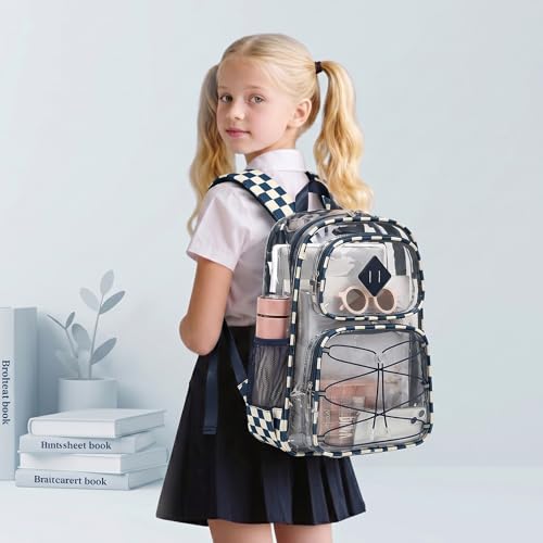 Clear Backpacks for Girls Women, Heavy Duty PVC Transparent Back Pack See Through Boys Kids Clear Bookbags for School Checkered Navy Blue - color: Checkered Navy Blue