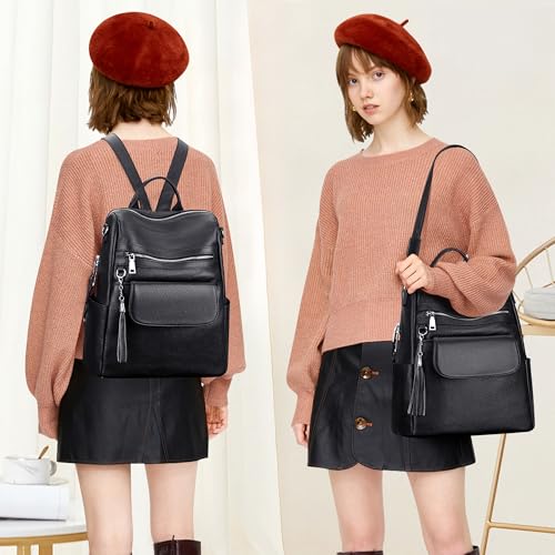 ALTOSY Genuine Leather Backpack Purse for Women Large Convertible Shoulder bag Ladies Crossdody Bag with Tassel - color: Black