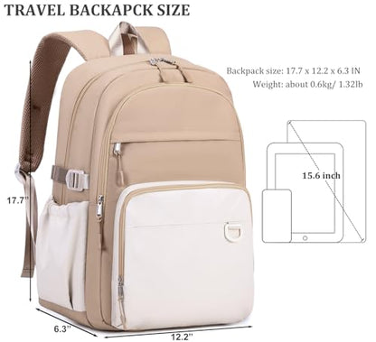 JIANYA Laptop Backpack for College Women Travel Backpack Big Student School Bag, Water Resistant Fits 15.6" Notebook - color: Khaki+beige