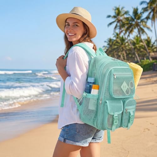 Green Mesh Backpack for Girls Boys, Mesh Bookbags Heavy Duty Semi-Transparent School Bag for College, Travel, Beach, Swimming, Sports - color: Green