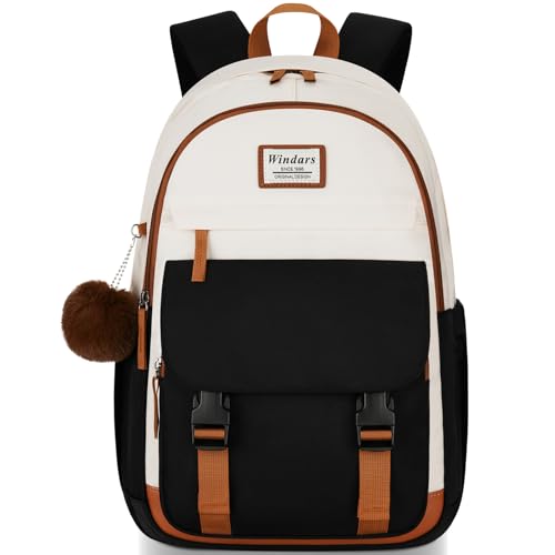 WINDARS School Backpack for Teen Girls, Cute College Backpacks for Women Students Aesthetic Bookbag Large 15.6 Inch Laptop Bag Middle School Travel Back Pack (Beige-Black-Brown) - color: Beige Black Brown, size: 15.6 inch