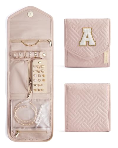BAGSMART Travel Jewelry Organizer Case A Initial Foldable Jewelry Roll for Journey Rings, Necklaces, Earrings, Bracelets,Mini,Letter A,Soft Pink - color: PInk-A, size: Small