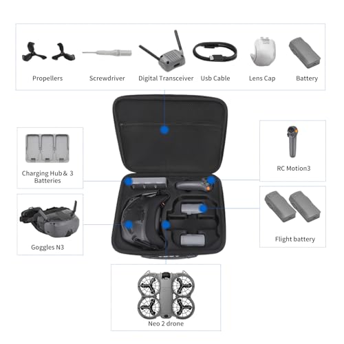 Carrying Case for DJI NEO 2 with Goggles N3, RC Motion 3 Controller, Battery Charger Hub, Porable Travel Storage Bag for DJI NEO 2 Batteries Accessories - size: Large