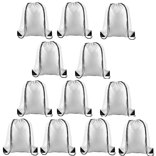 KUUQA 12 Pcs Drawstring Backpack Bags Bulk White Drawstring Bag Foldable Gym Bag Sports Cinch Sack String Backpack Storage Bags for Women Men Shopping Gym Travel Sports - color: White