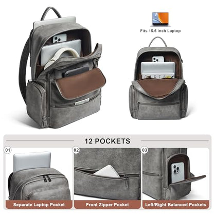 Leather Backpack for Women Men, Fits 16.0 Inch Laptop, Soft Vegan Leather Backpack for Travel and Daily Use, Grey - color: Grey