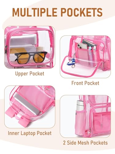 Clear Backpack Heavy Duty for Women Men Boys Girls, Large Clear Bookbag See Through Backpack for School College - color: 7#pink+pouch-no Reflective Strips