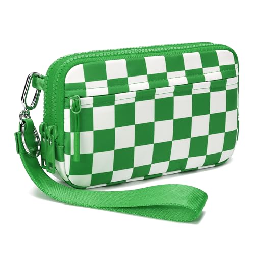 FODOKO Wristlet wallets for women Nylon Quilted Wallet with 4 Zippers,Travel Credit Card,Holder Cell Phone Organizer - color: Greener