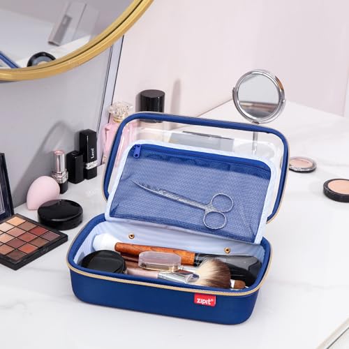 ZIPIT: Travel Makeup Bag - Navy Blue & White Stripes - Protective Hard Shell, Large Cosmetic Case, Transparent Zipper Lid, Handle, Toiletry Organizer - color: Multicolor