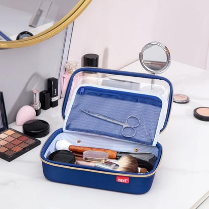 ZIPIT: Travel Makeup Bag - Navy Blue & White Stripes - Protective Hard Shell, Large Cosmetic Case, Transparent Zipper Lid, Handle, Toiletry Organizer - color: Multicolor