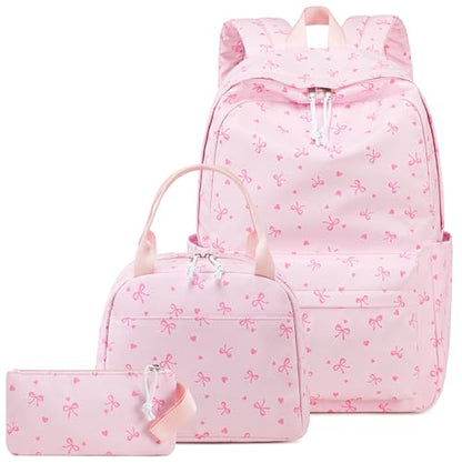 CAMTOP Girls Backpack with Lunch Box Set, Cute Bow School Backpack for Kids, 3-in-1 Lightweight Lunch Bag and Pencil Pouch - color: Pinck Bow Heart