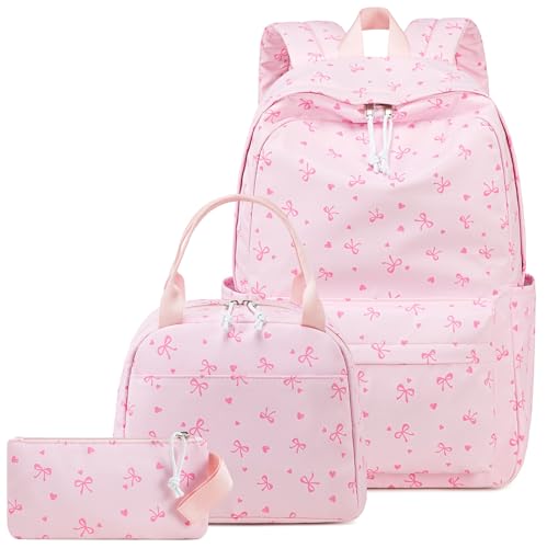 CAMTOP Girls Backpack with Lunch Box Set, Cute Bow School Backpack for Kids, 3-in-1 Lightweight Lunch Bag and Pencil Pouch - color: Pinck Bow Heart