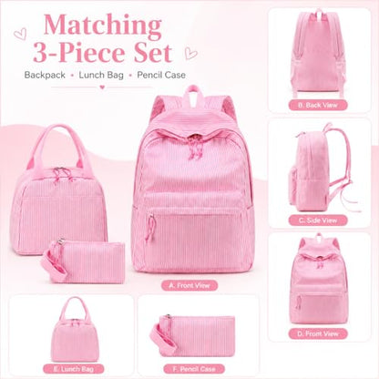 BTOOP School Backpacks for Teen Girls Bookbags Lightweight Kids Backpack School Bags Set with Lunch Box Pencil Case - color: Pink White Stripe