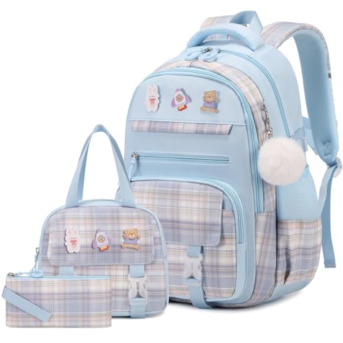 FIXITOK 3PCS School Backpack for Girls, Girls Backpack with Lunch Box, Pencil Case, Cute Kawaii Plaid Book Bag for Teen Girl Kindergarten Elementary Preschool Middle High School, Blue - color: Blue