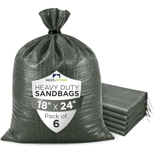 Heavy Duty Sand Bags Pack of 6, Army Green Empty Sandbags with Built-In Ties, Woven Polypropylene UV Protection 1600 Hours, Fillable Bags for Flood Control, Weight, 18x24 inches, 60 Pounds Volume - size: 18"W x 24"L, style: Pack of 6