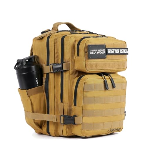 WOLFpak 25L Athletic Gym Backpack (Khaki) Durable 1000D Waterproof Oxford Material with MOLLE Webbing, Laptop Pocket & Dual Cup Holders - color: Khaki