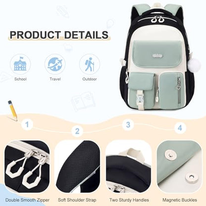 DIGOBAY Backpacks for Girls, 3PCS School Backpack with Lunch Box Pencil Pouch for Teen Girls Kids Elementary Primary Middle High College Travel School bag Bookbag Set （Black Green） - color: Black Green