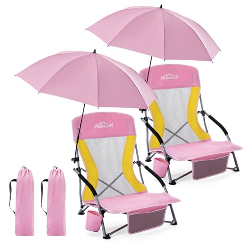 Homcosan Portable Low Folding Beach Chairs Set of 2 with Detachable Umbrellas - Lightweight Camping Chairs for Adults with Cup Holder & Storage Pockets, Carry Bag Included (Pink & Yellow) - color: Pink & Yellow, size: 2 Packs, style: chair with umbrella